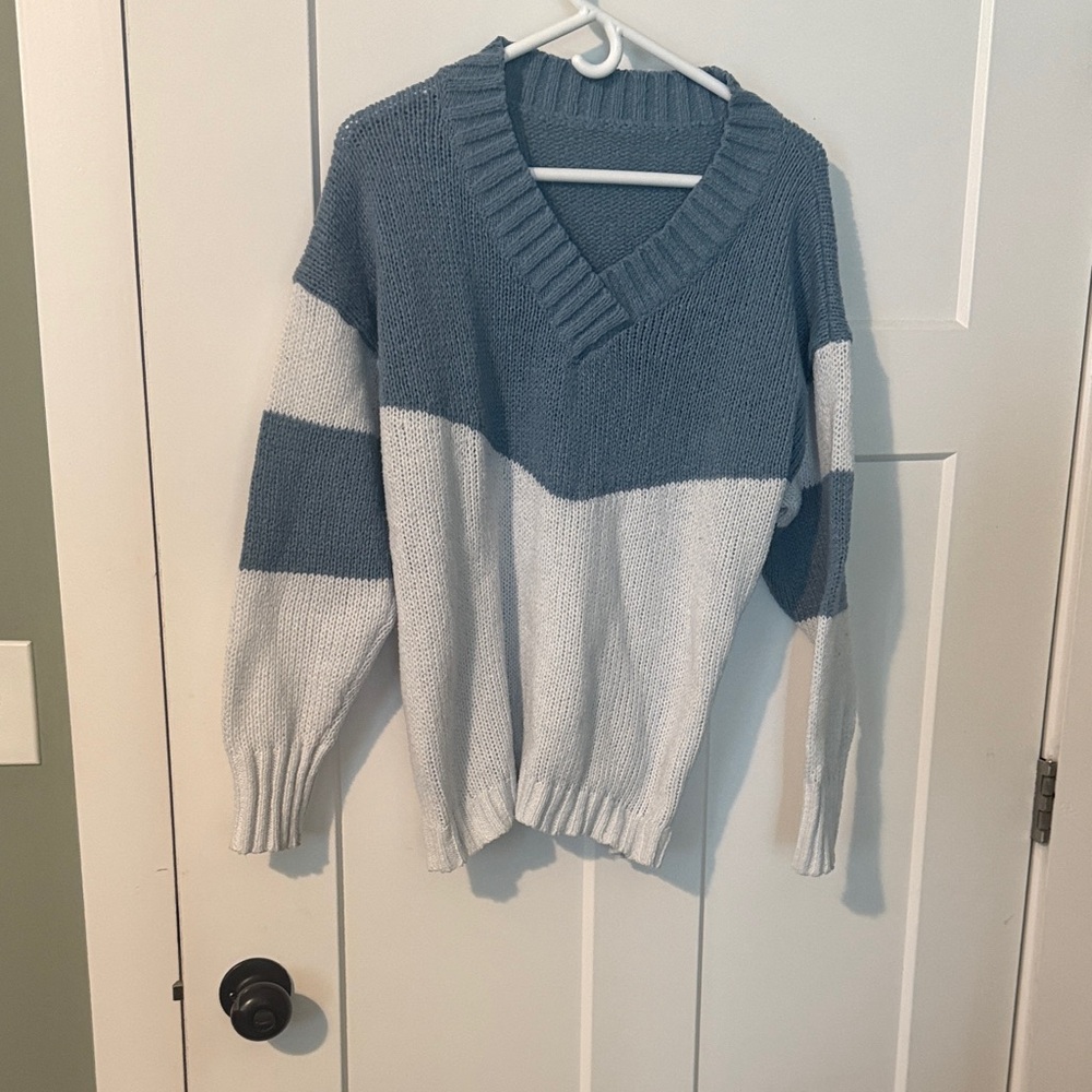 Blue and White V-Neck Sweater